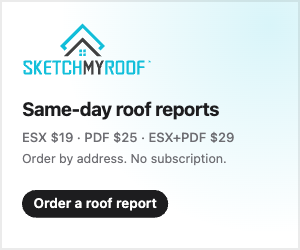 Sketch My Roof: ESX $19, PDF $25, ESX+PDF $29. Same calendar day.