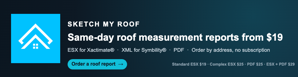 Sketch My Roof: same-day roof measurement reports from $19. ESX for Xactimate®, XML for Symbility®, PDF.